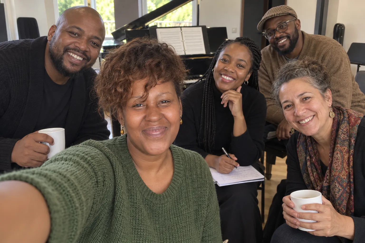 Unathi with colleagues in a rehearsal-break selfie