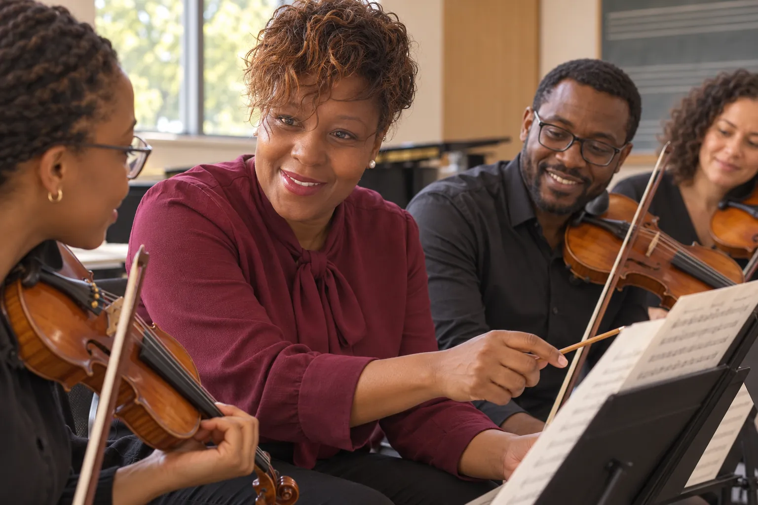 Unathi with colleagues in a string rehearsal