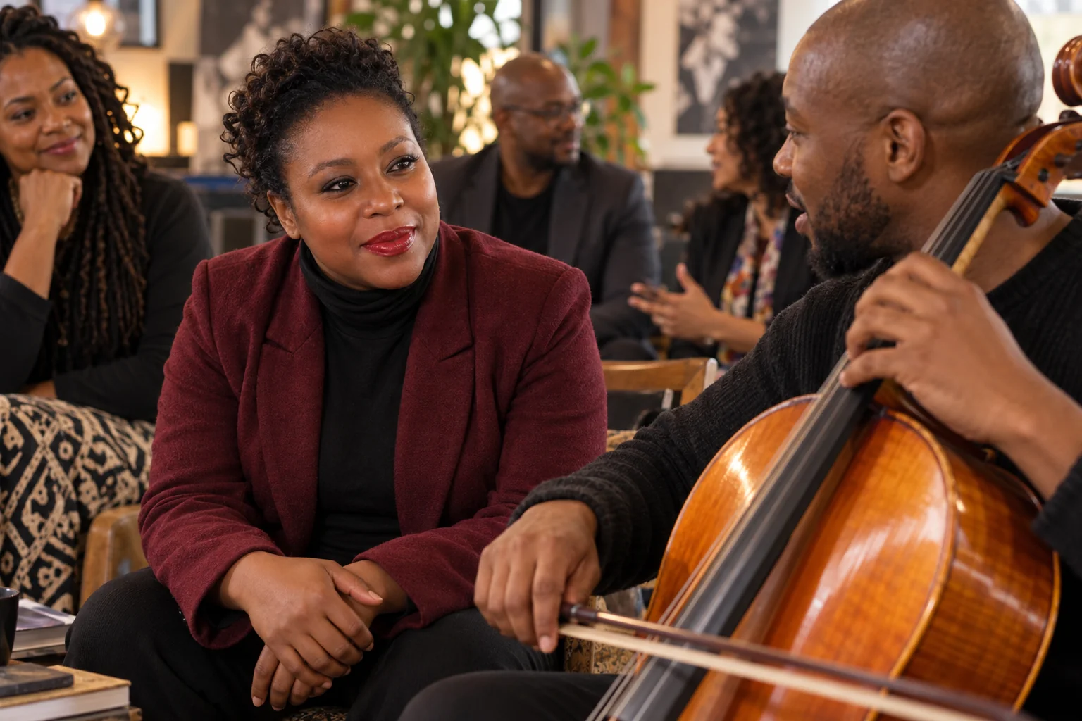 Unathi listening beside a cellist in rehearsal