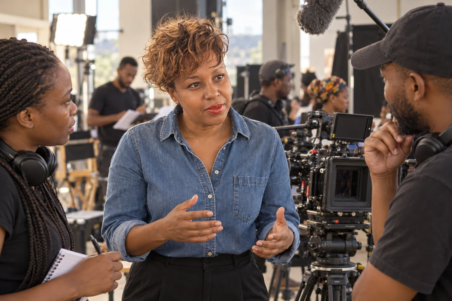 Unathi collaborating with a film production crew