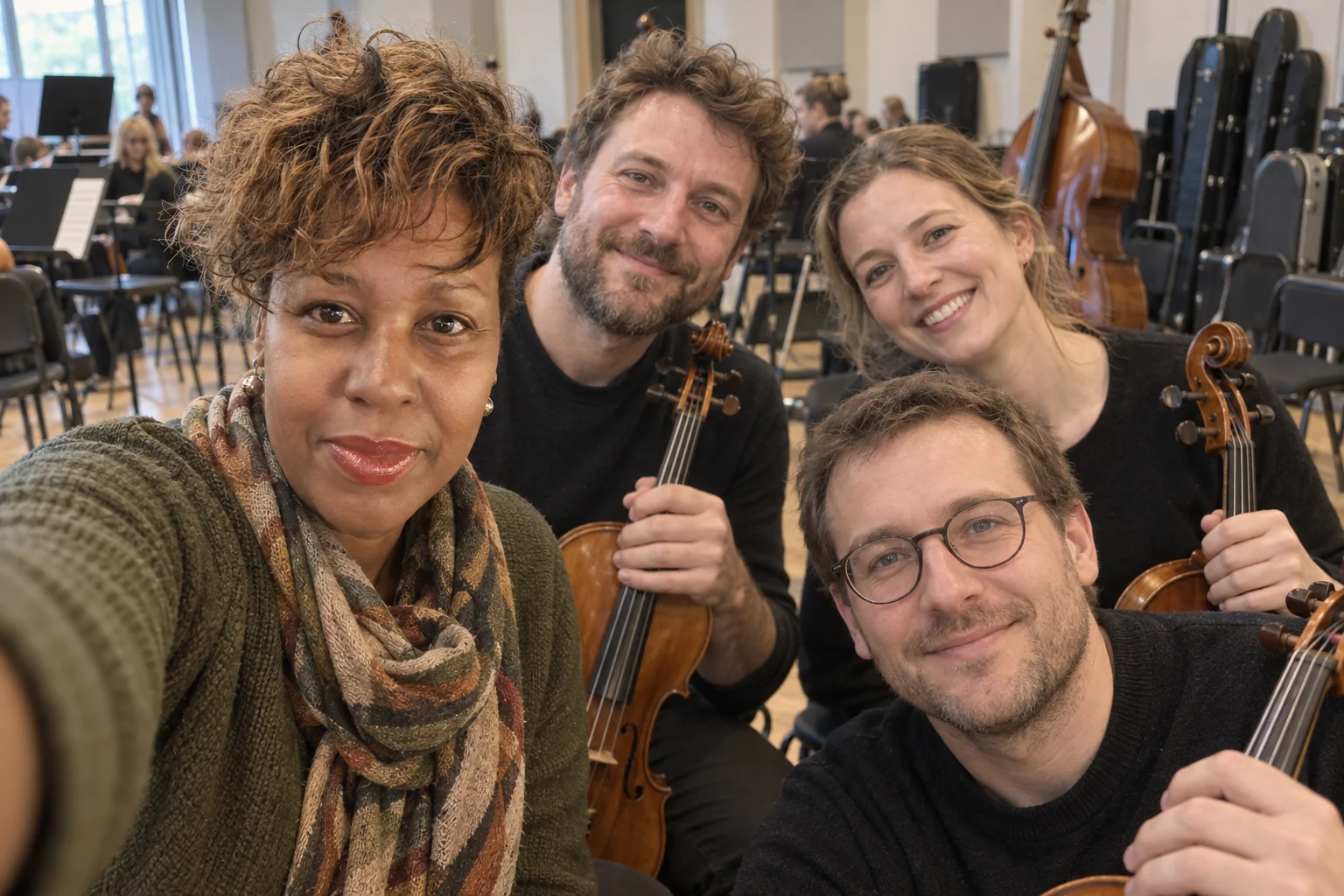 Unathi taking a rehearsal-break selfie with musicians