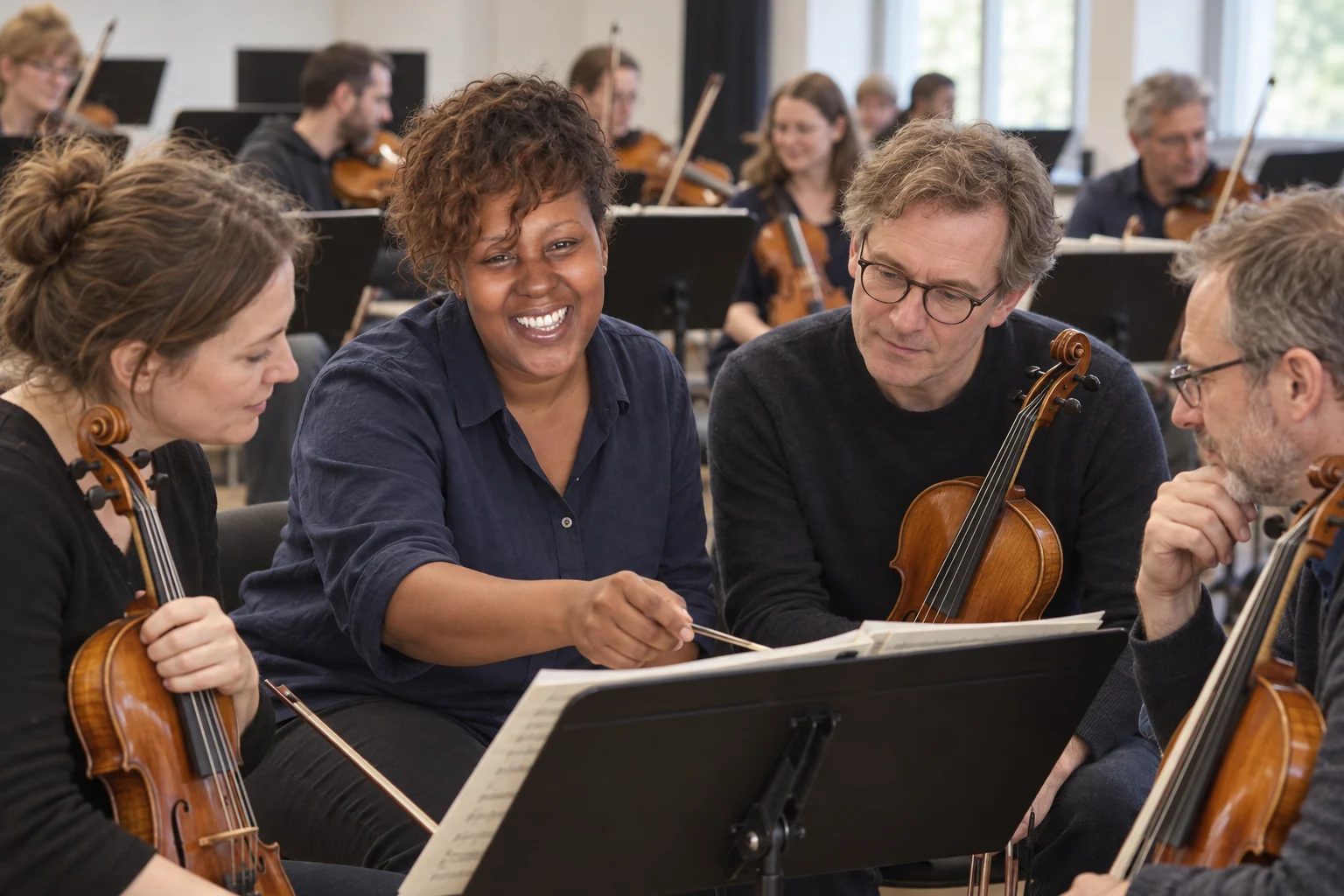 Unathi sharing a rehearsal discussion with string players