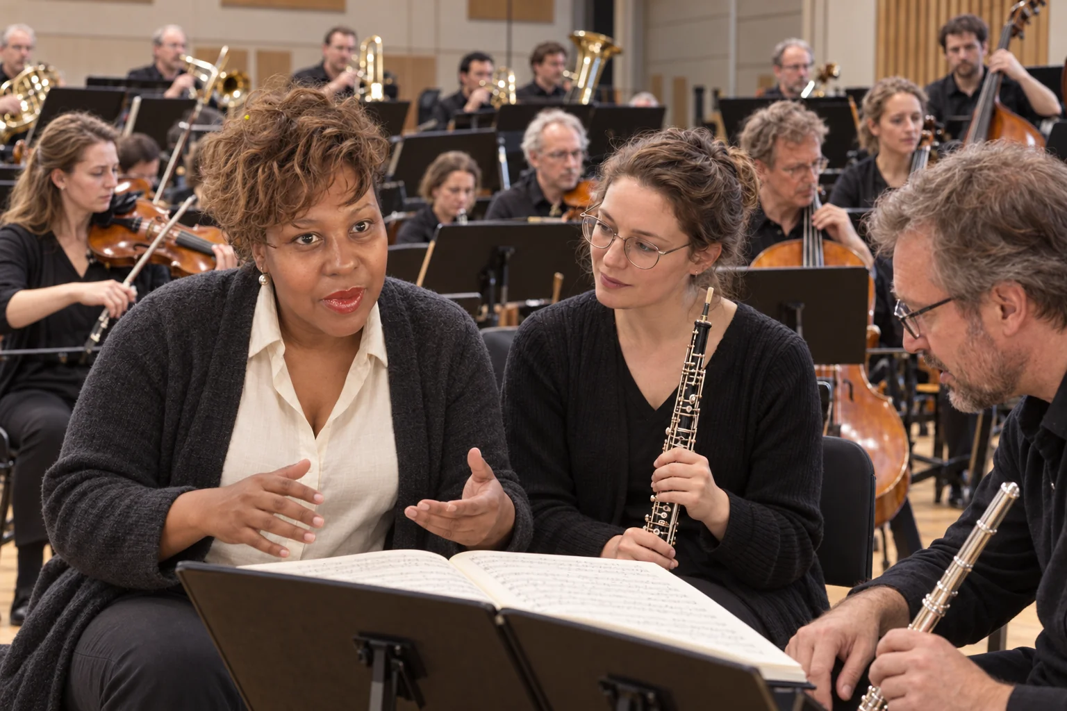 Unathi discussing a score with woodwind players