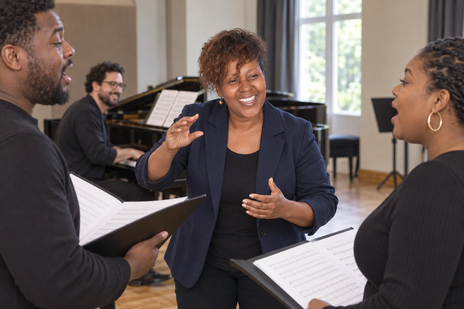 Unathi rehearsing with adult singers and musicians