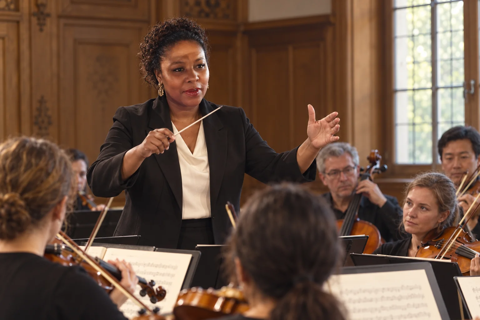 Unathi guiding a chamber orchestra in rehearsal