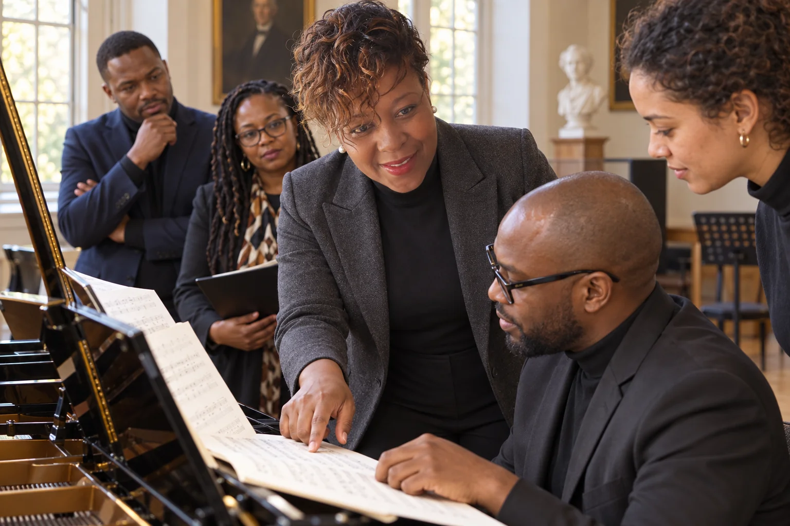 Unathi beside a pianist during rehearsal