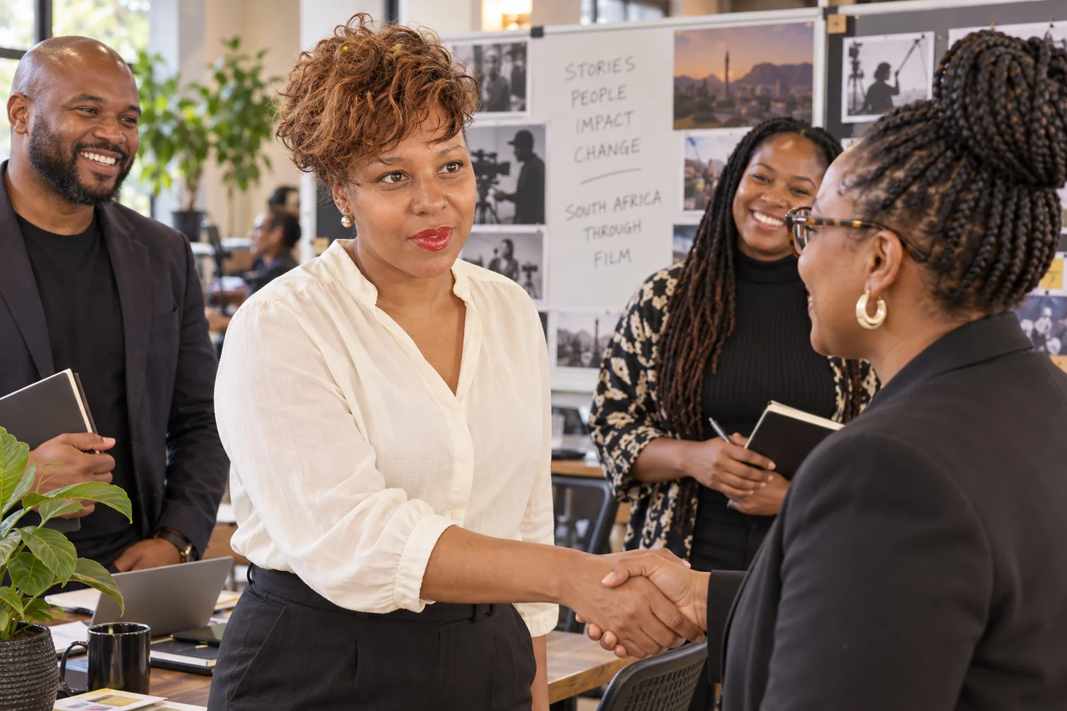 Unathi greeting a creative-industry colleague