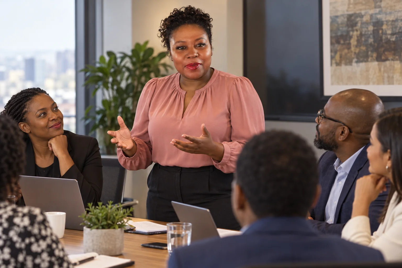Unathi speaking to colleagues in a boardroom