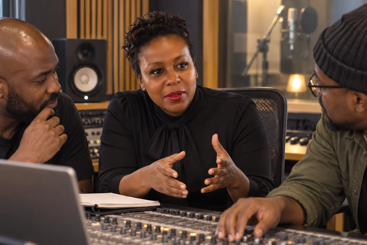 Unathi with musicians in a recording studio